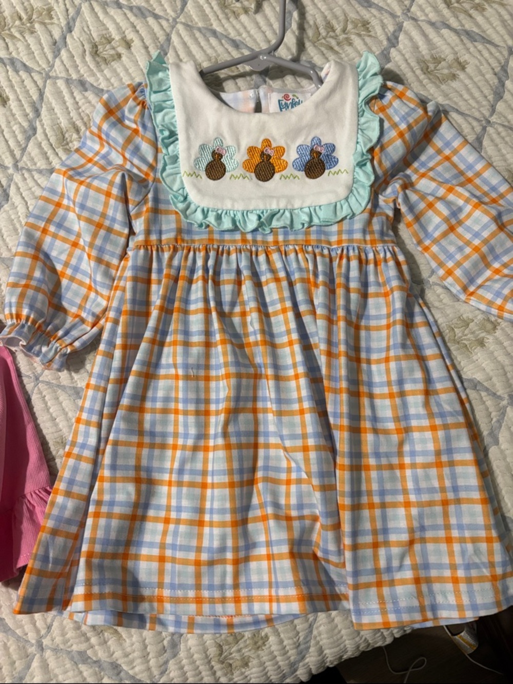 Smocked Plaid Long-Sleeve Kids Dress with Ruffle Bib